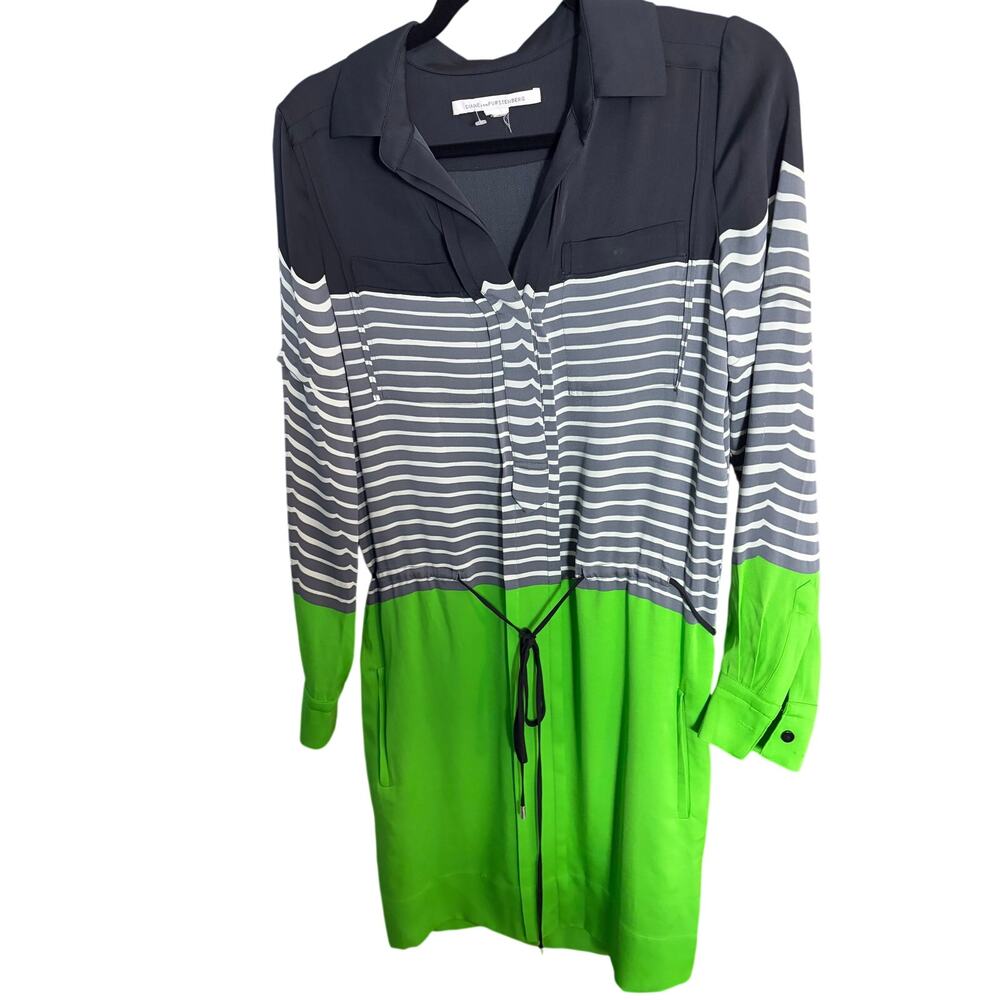 Diane‎ von Furstenberg 95% Silk Shirt Dress Green Gray Stripe Drawstring Dress 8